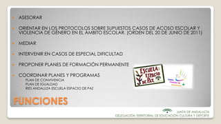FUNCIONES
 ASESORAR
 ORIENTAR EN LOS PROTOCOLOS SOBRE SUPUESTOS CASOS DE ACOSO ESCOLAR Y
VIOLENCIA DE GÉNERO EN EL ÁMBIT...